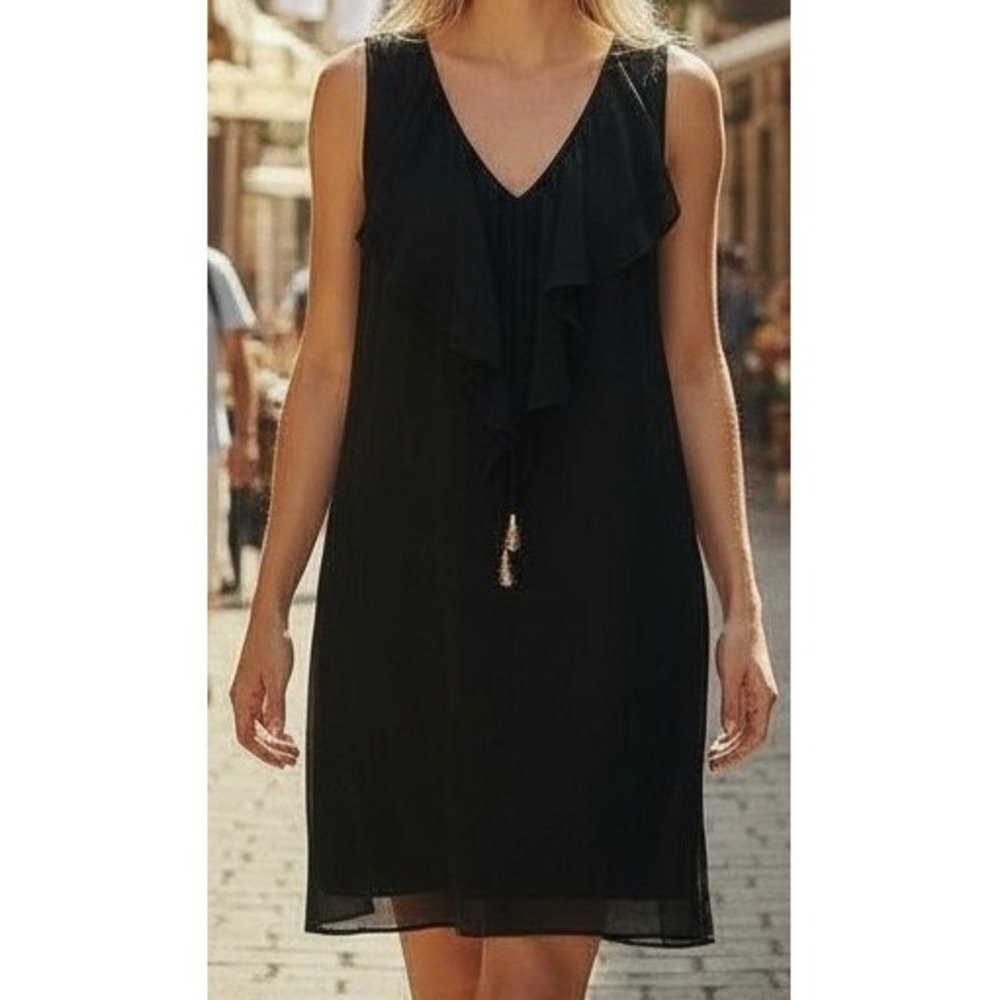 Black Sleeveless Dress 2 Ruffle Detail Heavy Gold Bead Tassel Accents Vacation‎